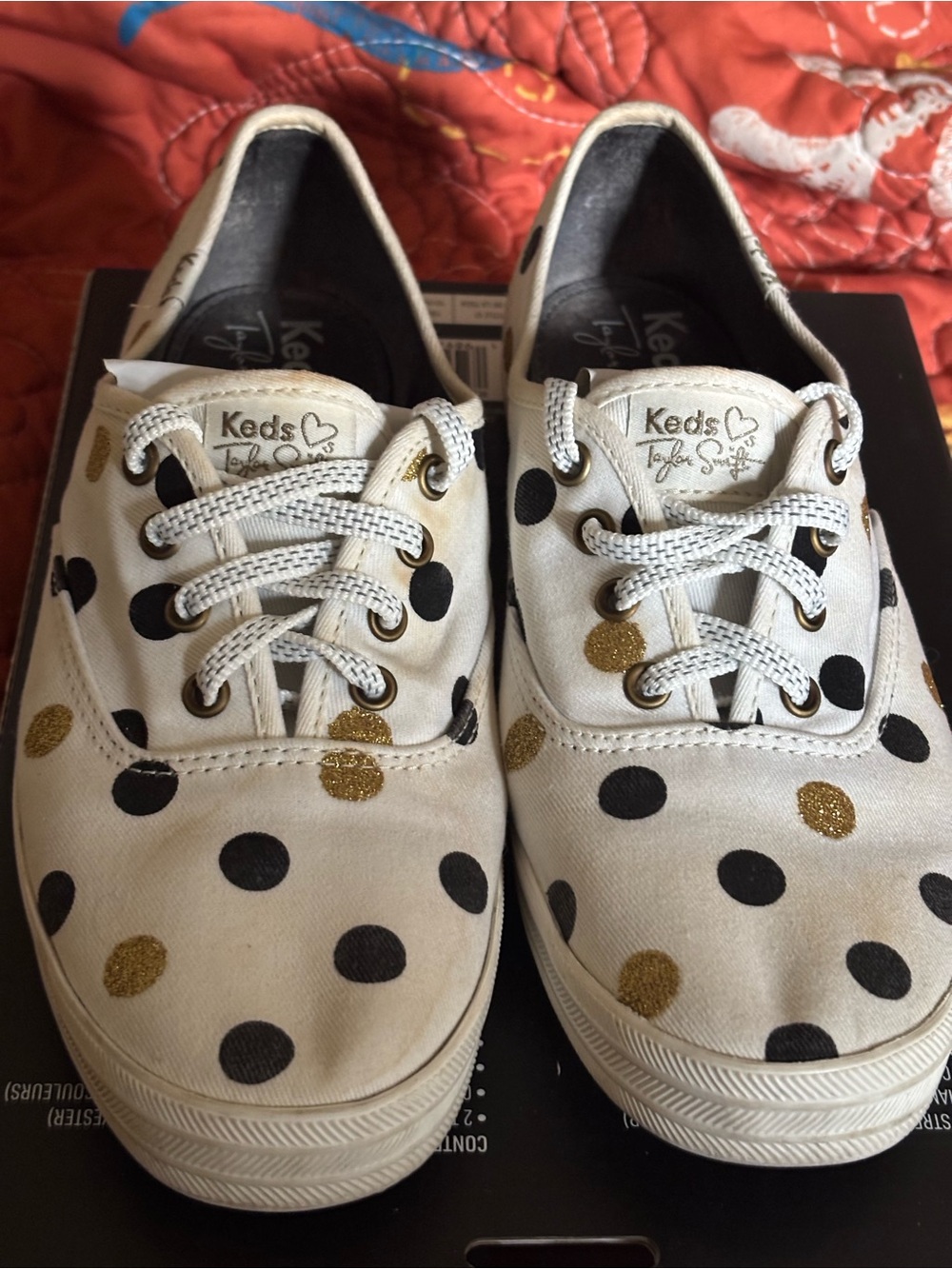 Taylor Swift Keds Women's Cream Canvas Sneakers with Black and Gold Polka Dots